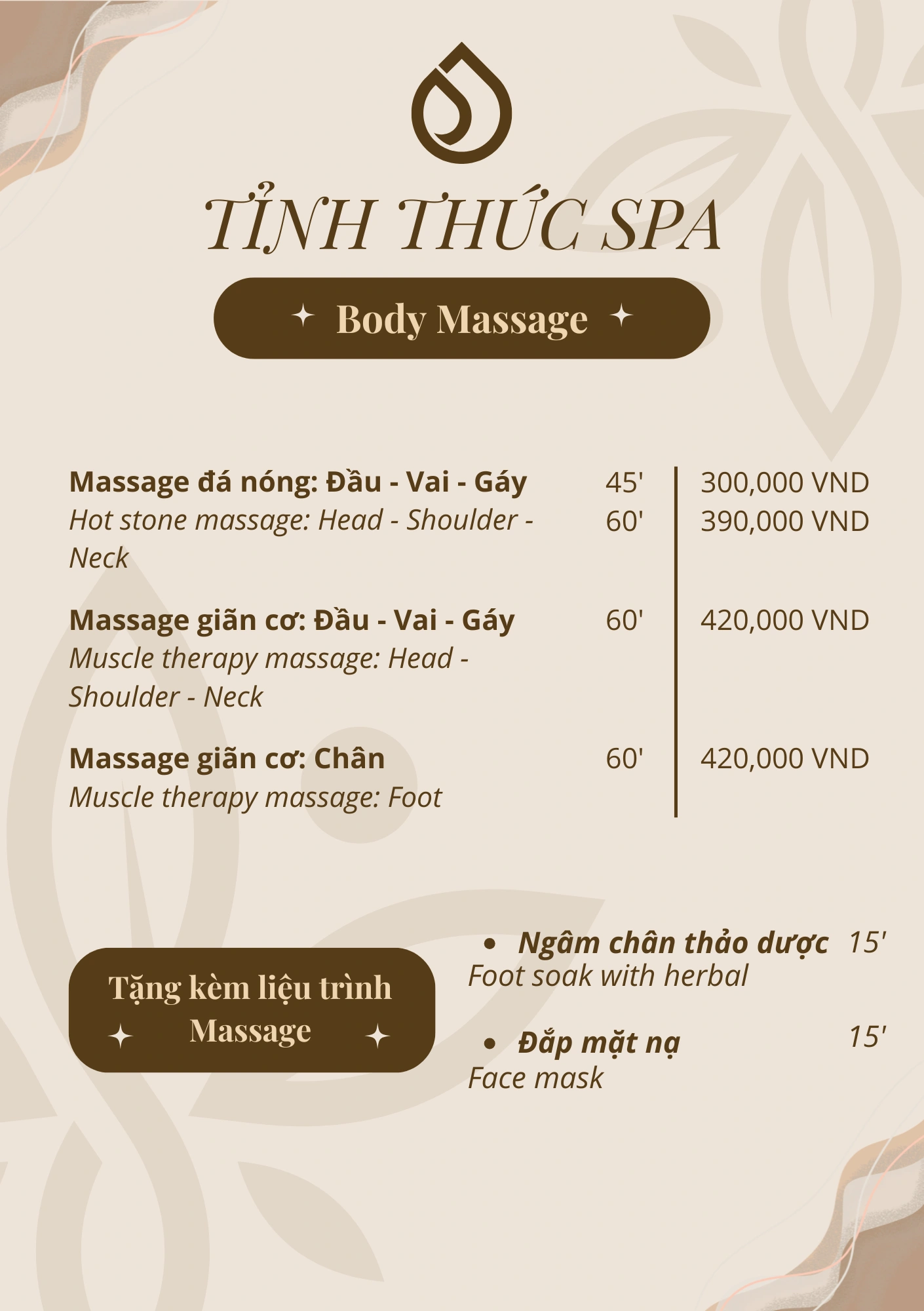 Menu bảng giá Body Massage tại Tỉnh Thức Spa Quận 3