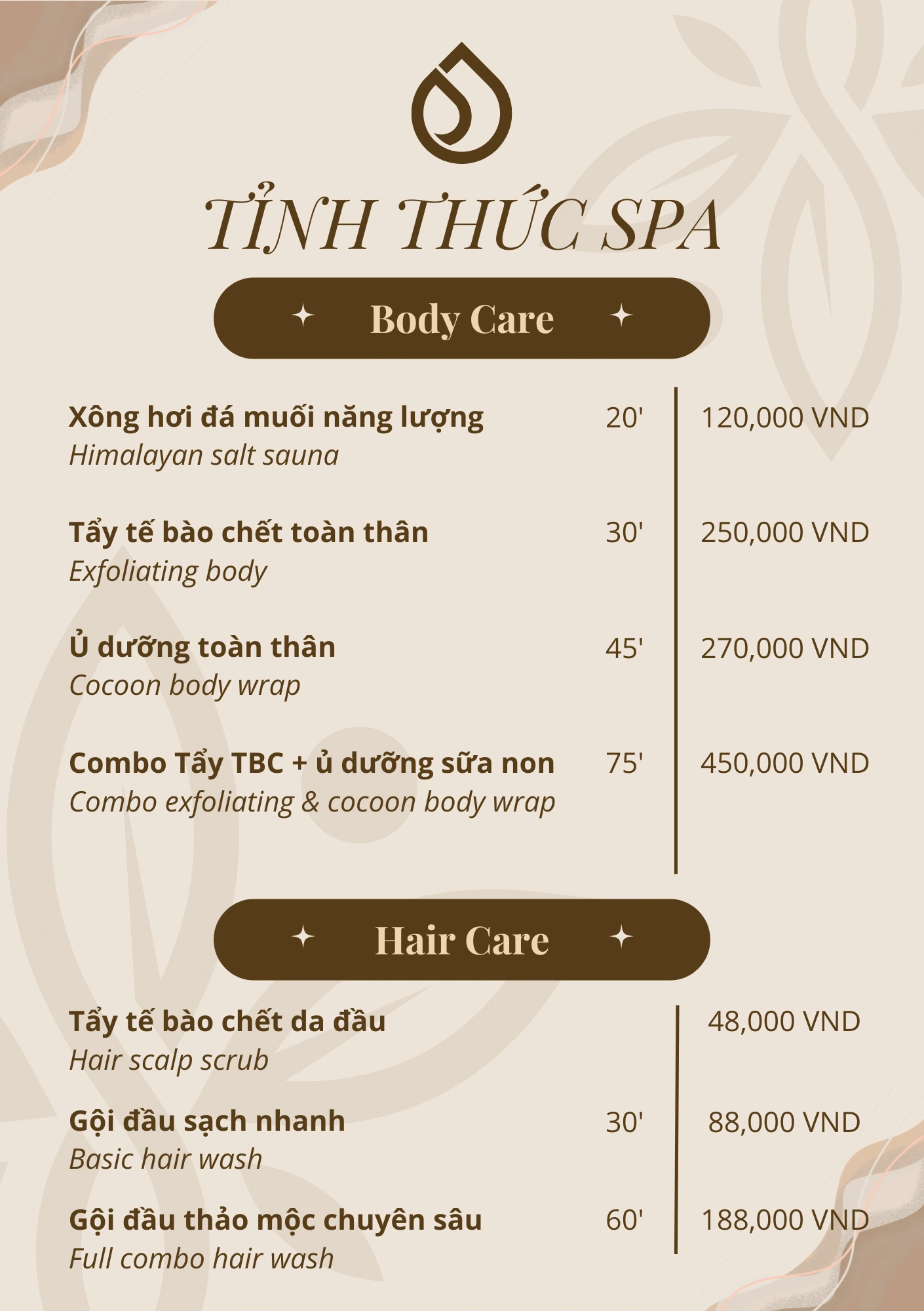 Menu bảng giá Body Care và Hair Care gội đầu tại Tỉnh Thức Spa Quận 3
