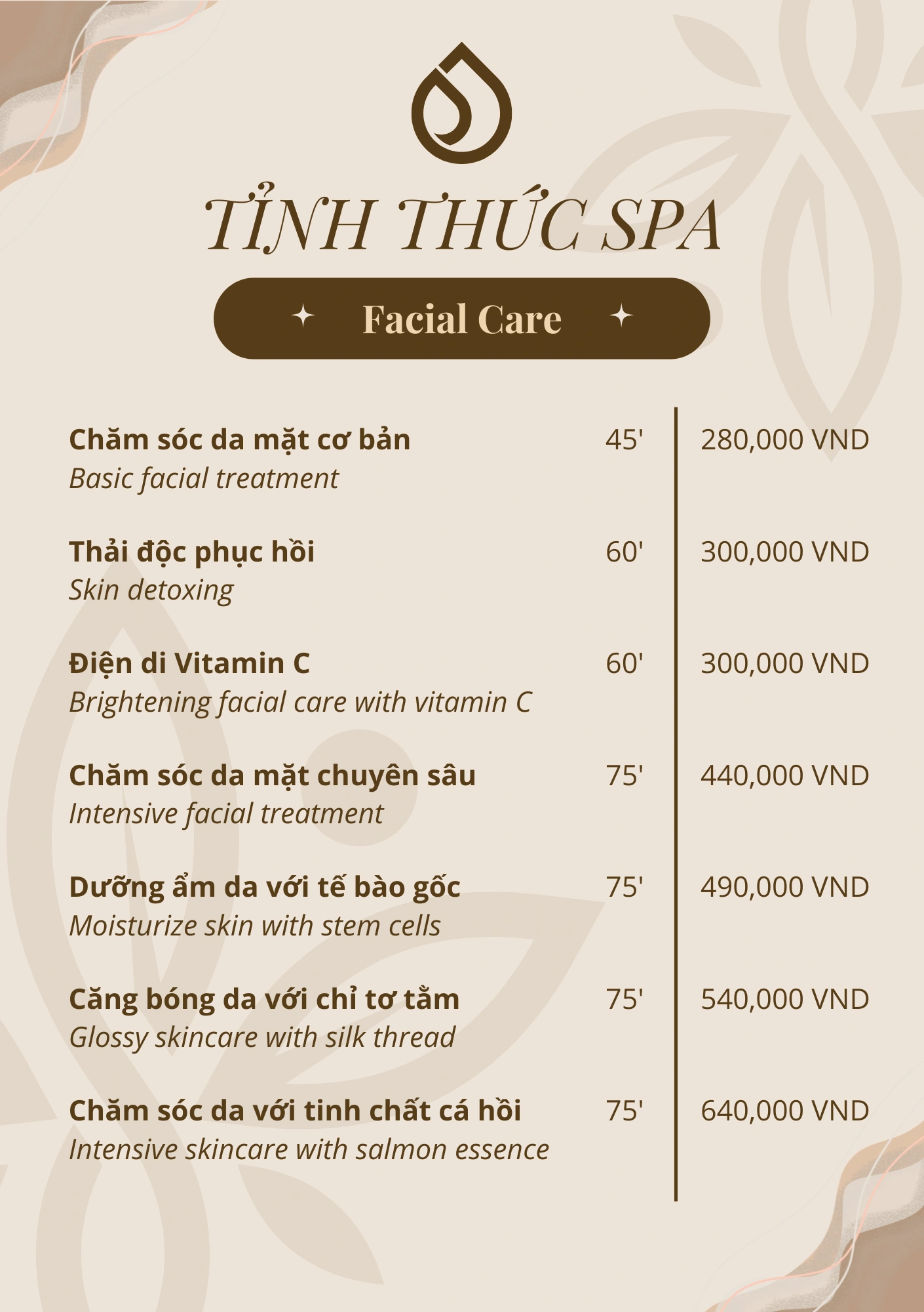 Menu bảng giá Facial Care tại Tỉnh Thức Spa Quận 3
