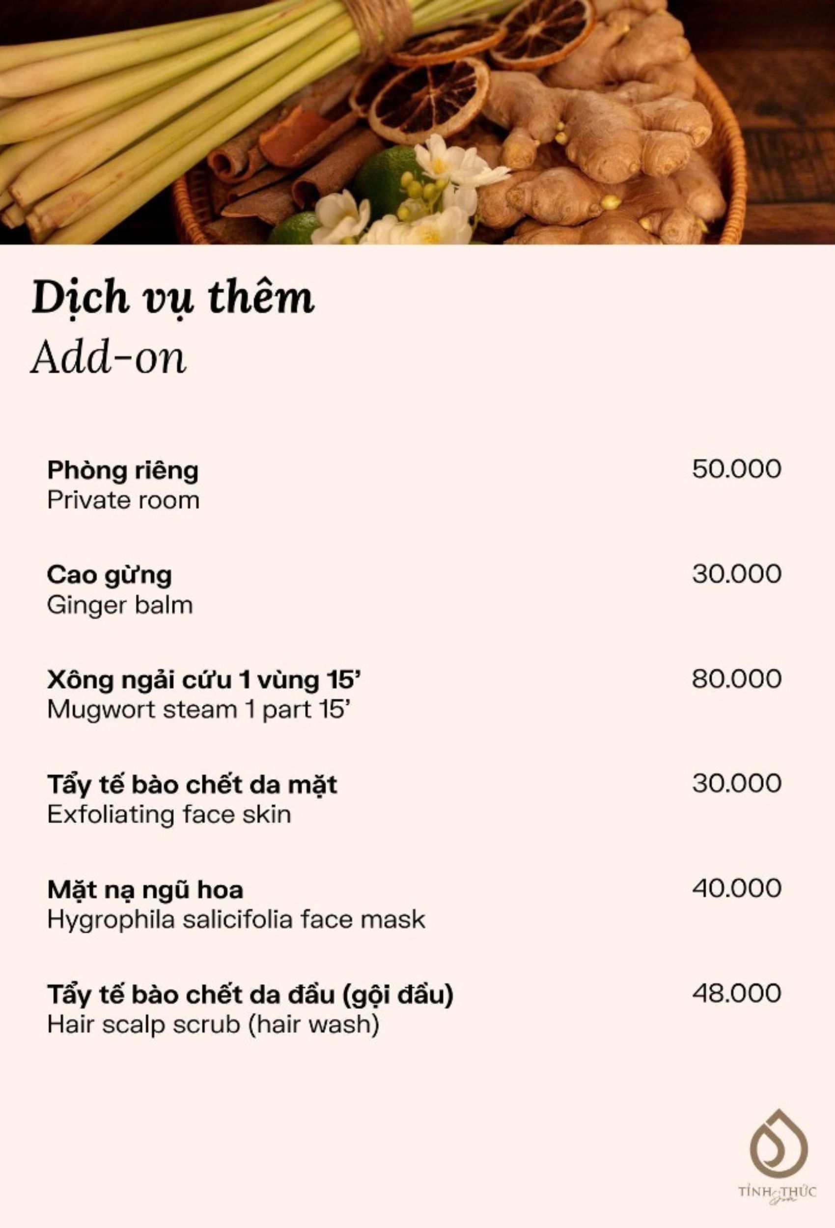 Bảng giá dịch vụ thêm và phụ thu phòng riêng tại Tỉnh Thức Spa